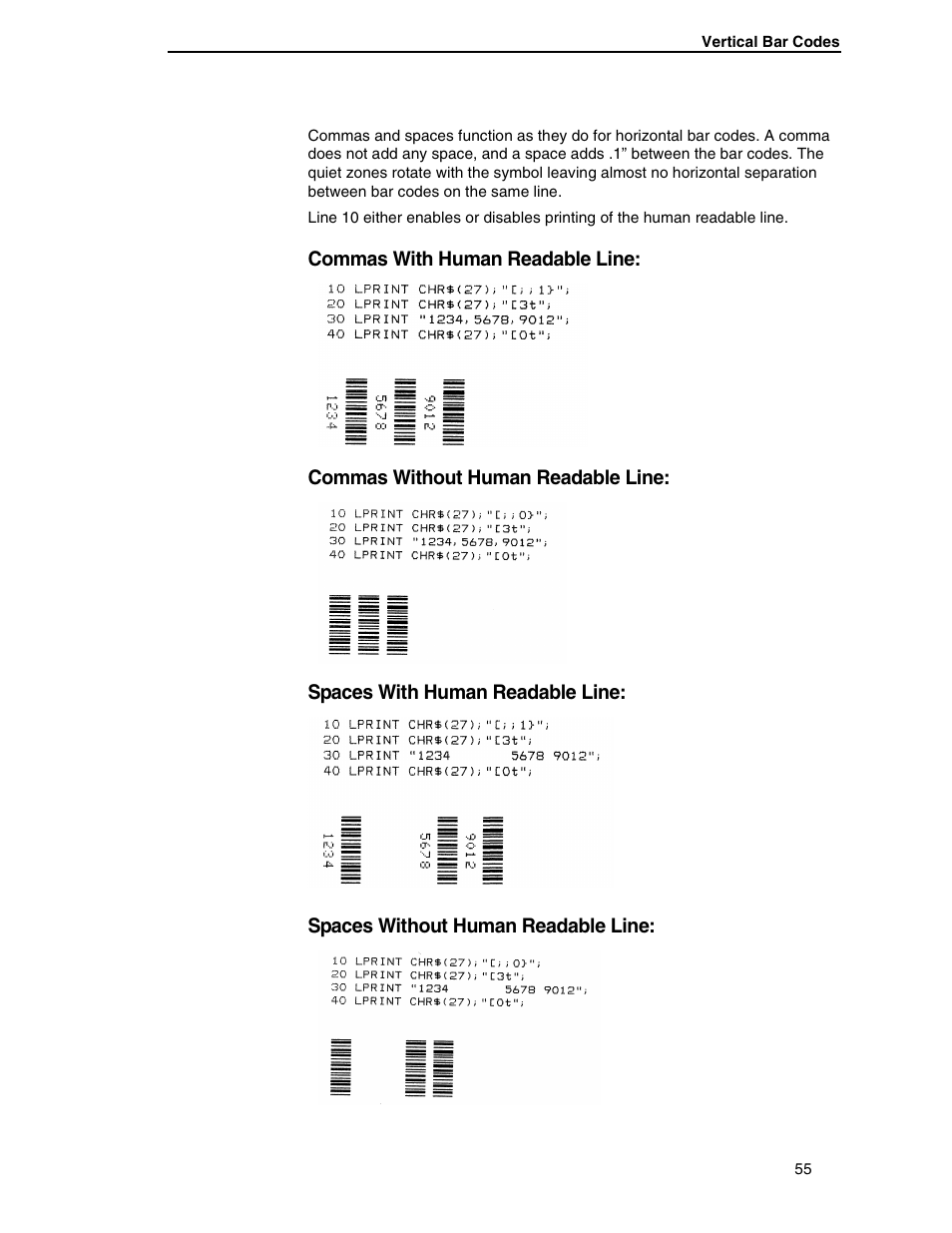 Commas with human readable line, Commas without human readable line, Spaces with human readable line | Spaces without human readable line | Printronix ANSI Printer User Manual | Page 55 / 106