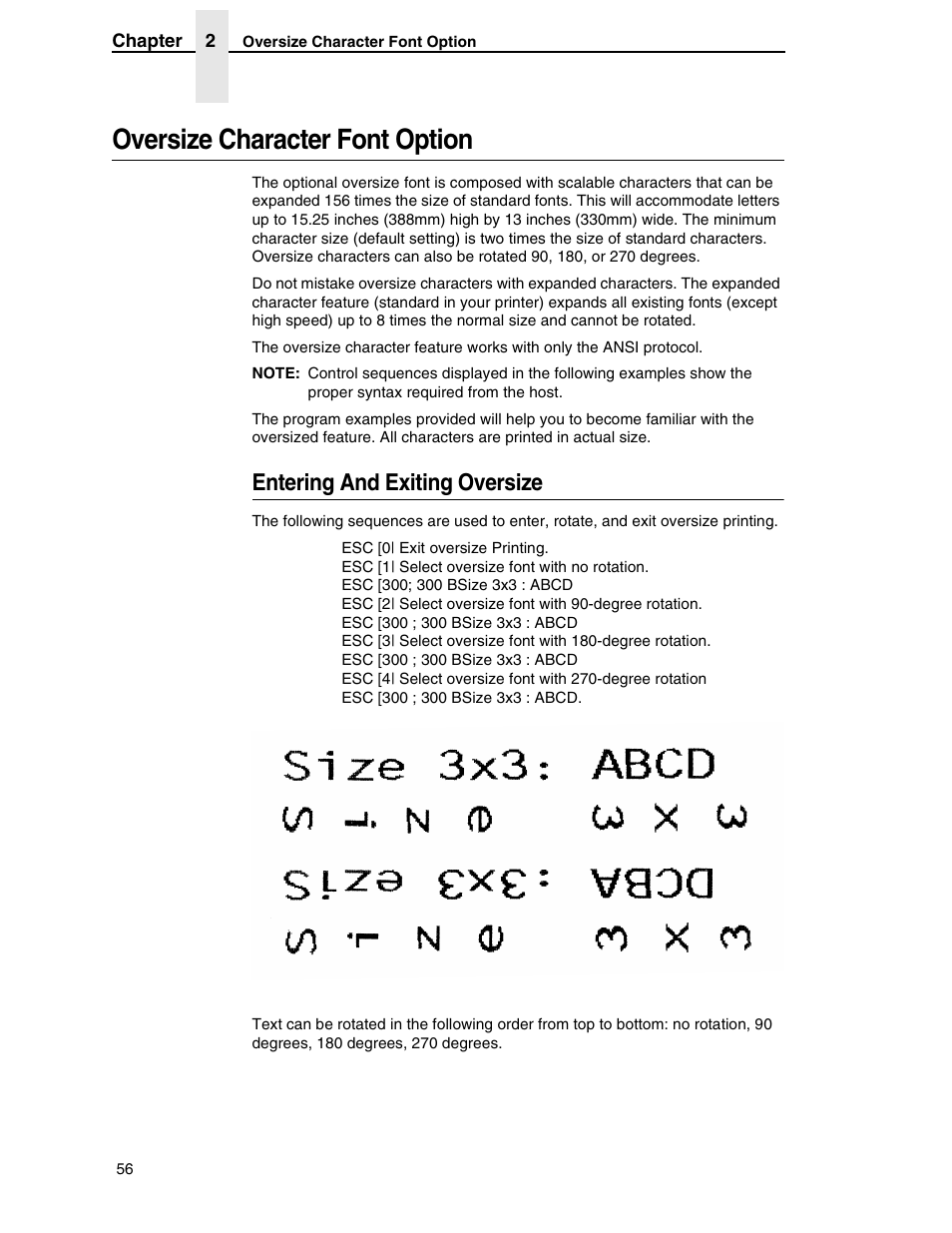 Oversize character font option, Entering and exiting oversize | Printronix ANSI Printer User Manual | Page 56 / 106