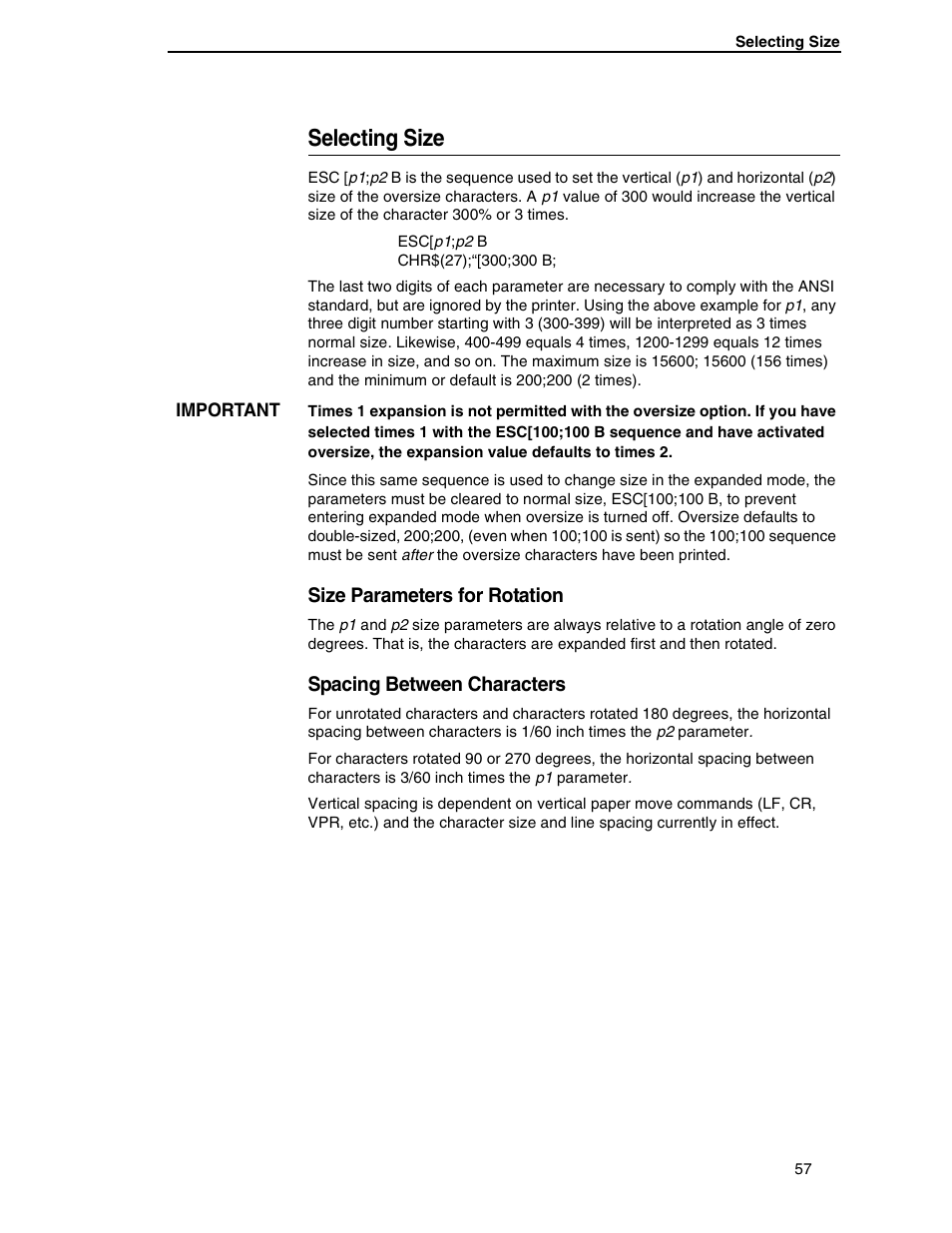 Selecting size, Size parameters for rotation, Spacing between characters | Printronix ANSI Printer User Manual | Page 57 / 106