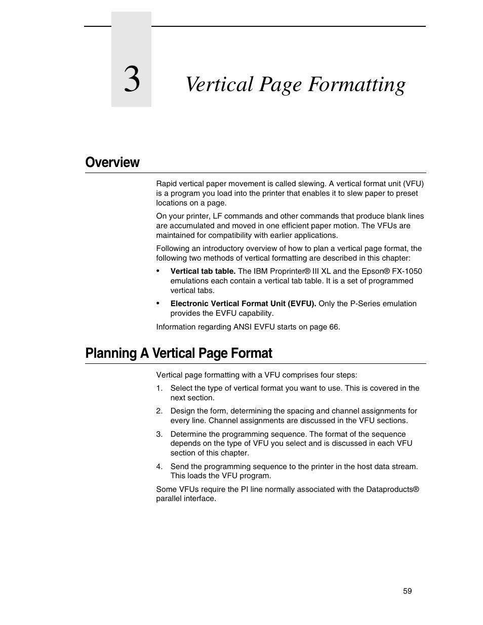 Overview, Vertical page formatting, Planning a vertical page format | Printronix ANSI Printer User Manual | Page 59 / 106