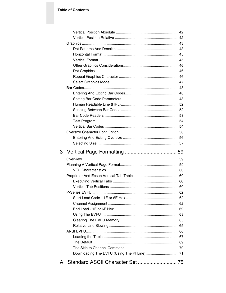 3 vertical page formatting, A standard ascii character set | Printronix ANSI Printer User Manual | Page 6 / 106