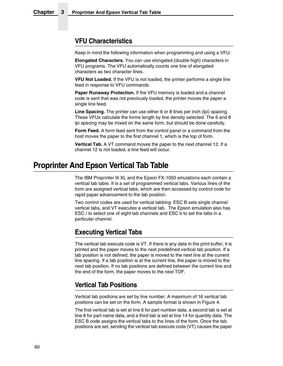 Vfu characteristics, Proprinter and epson vertical tab table, Executing vertical tabs | Vertical tab positions | Printronix ANSI Printer User Manual | Page 60 / 106