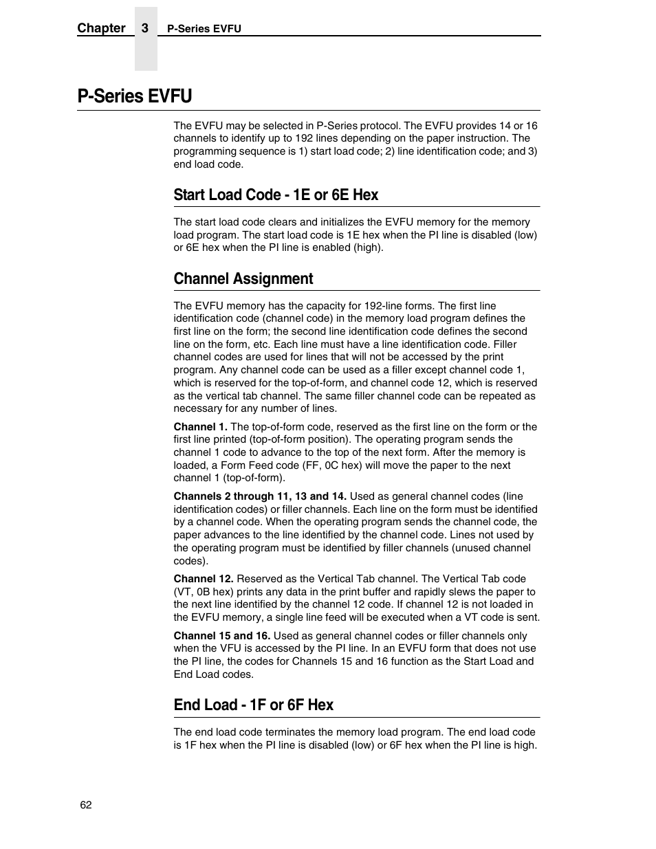 P-series evfu, Start load code - 1e or 6e hex, Channel assignment | End load - 1f or 6f hex | Printronix ANSI Printer User Manual | Page 62 / 106