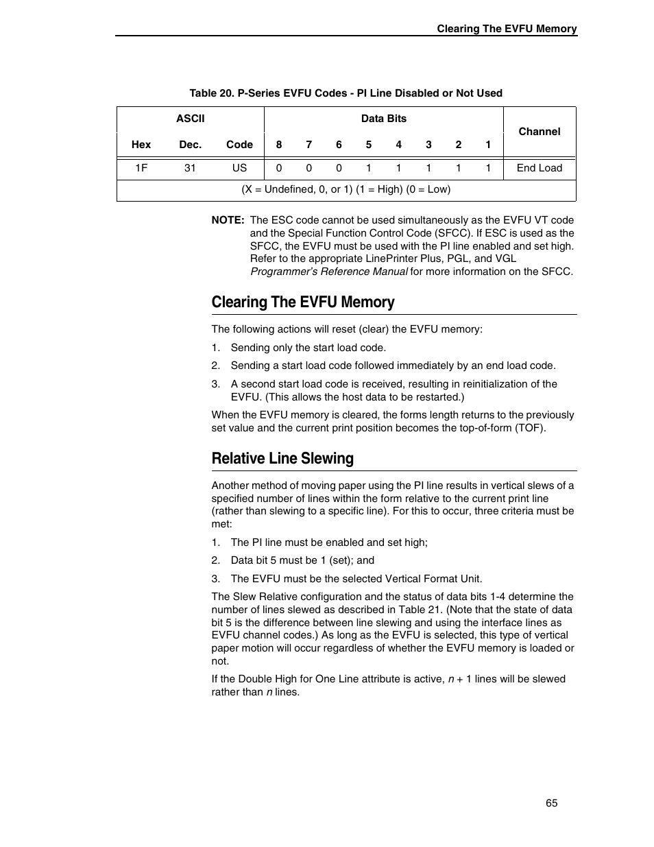 Clearing the evfu memory, Relative line slewing | Printronix ANSI Printer User Manual | Page 65 / 106