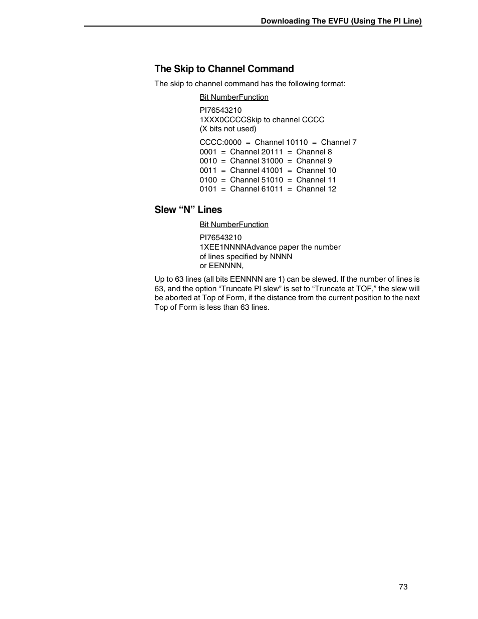 The skip to channel command, Slew “n” lines | Printronix ANSI Printer User Manual | Page 73 / 106