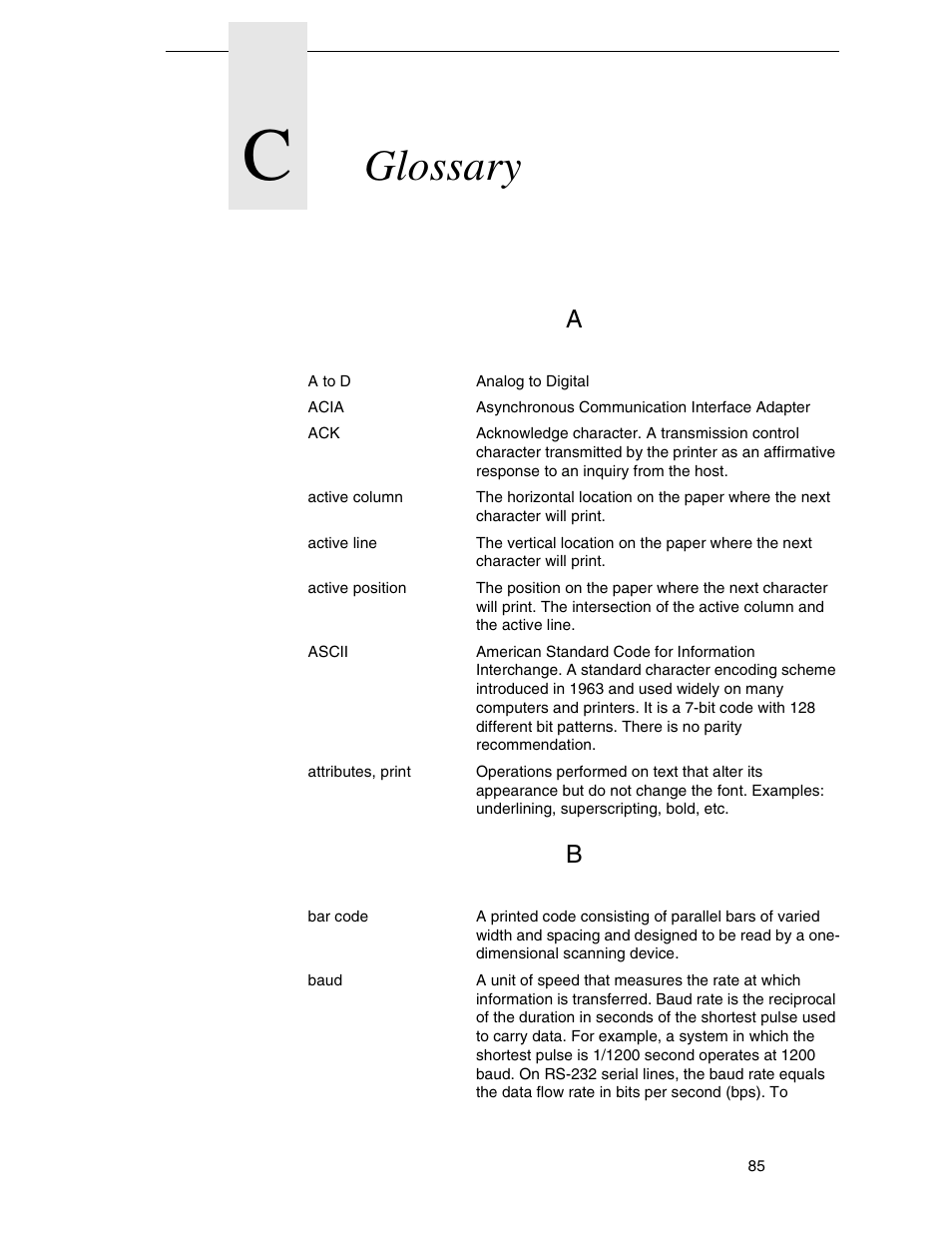 C glossary, Glossary | Printronix ANSI Printer User Manual | Page 85 / 106