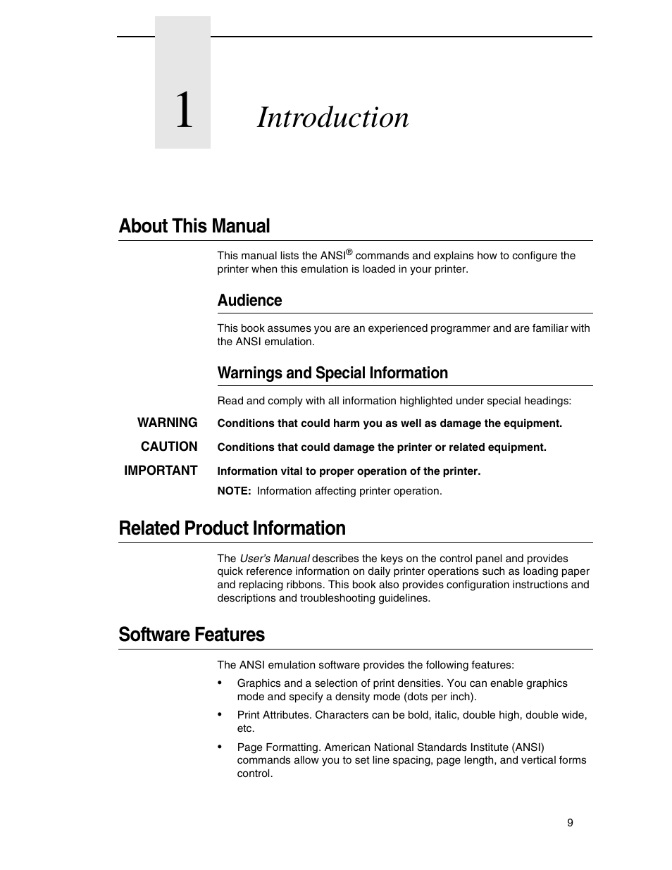 1 introduction, About this manual, Audience | Warnings and special information, Related product information, Software features, Introduction | Printronix ANSI Printer User Manual | Page 9 / 106