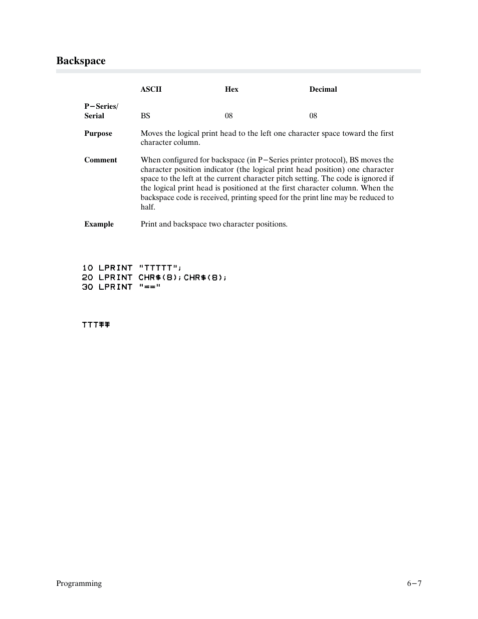 Backspace | Printronix P9000 Series User Manual | Page 105 / 334