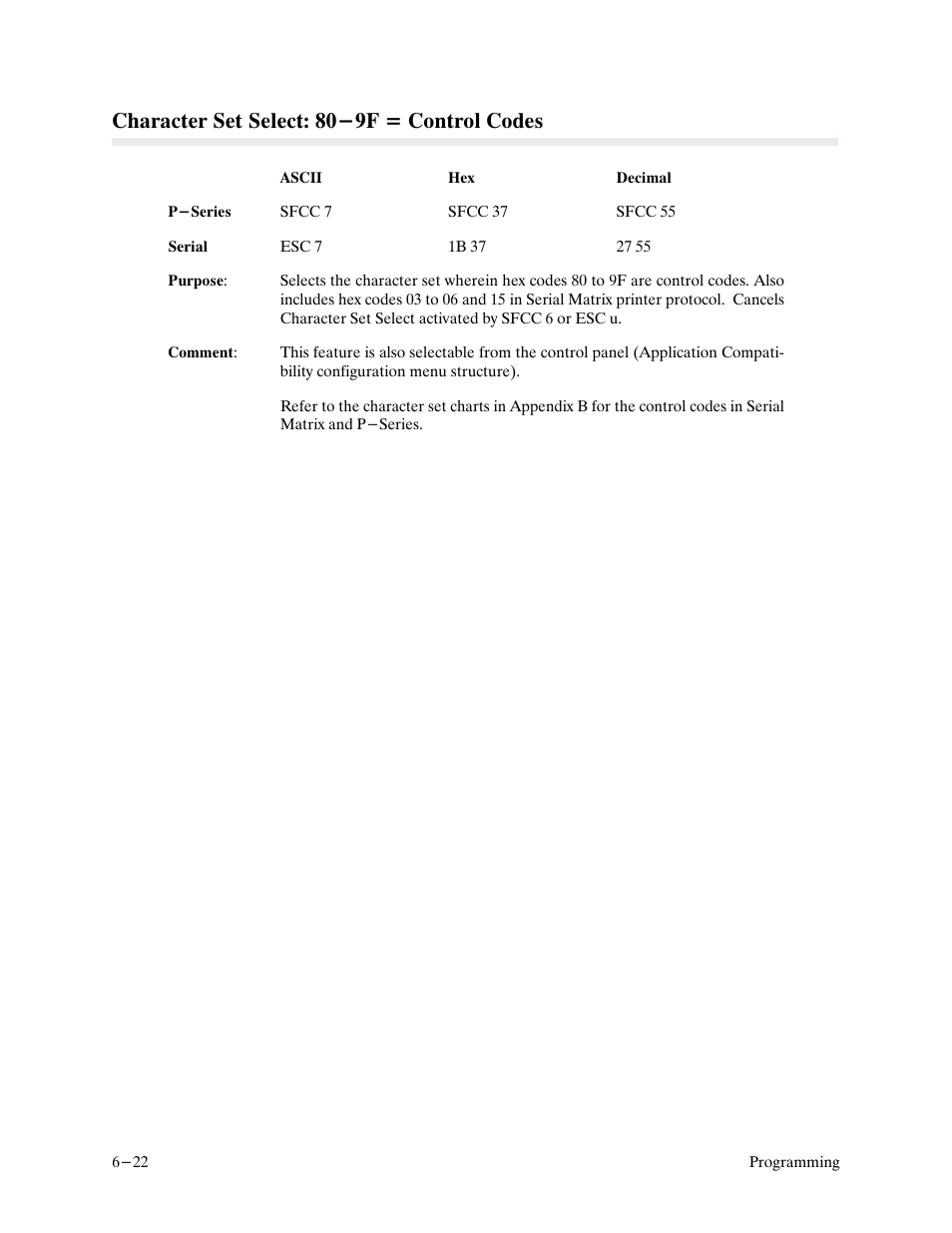 Character set select: 80-9f = control codes | Printronix P9000 Series User Manual | Page 120 / 334