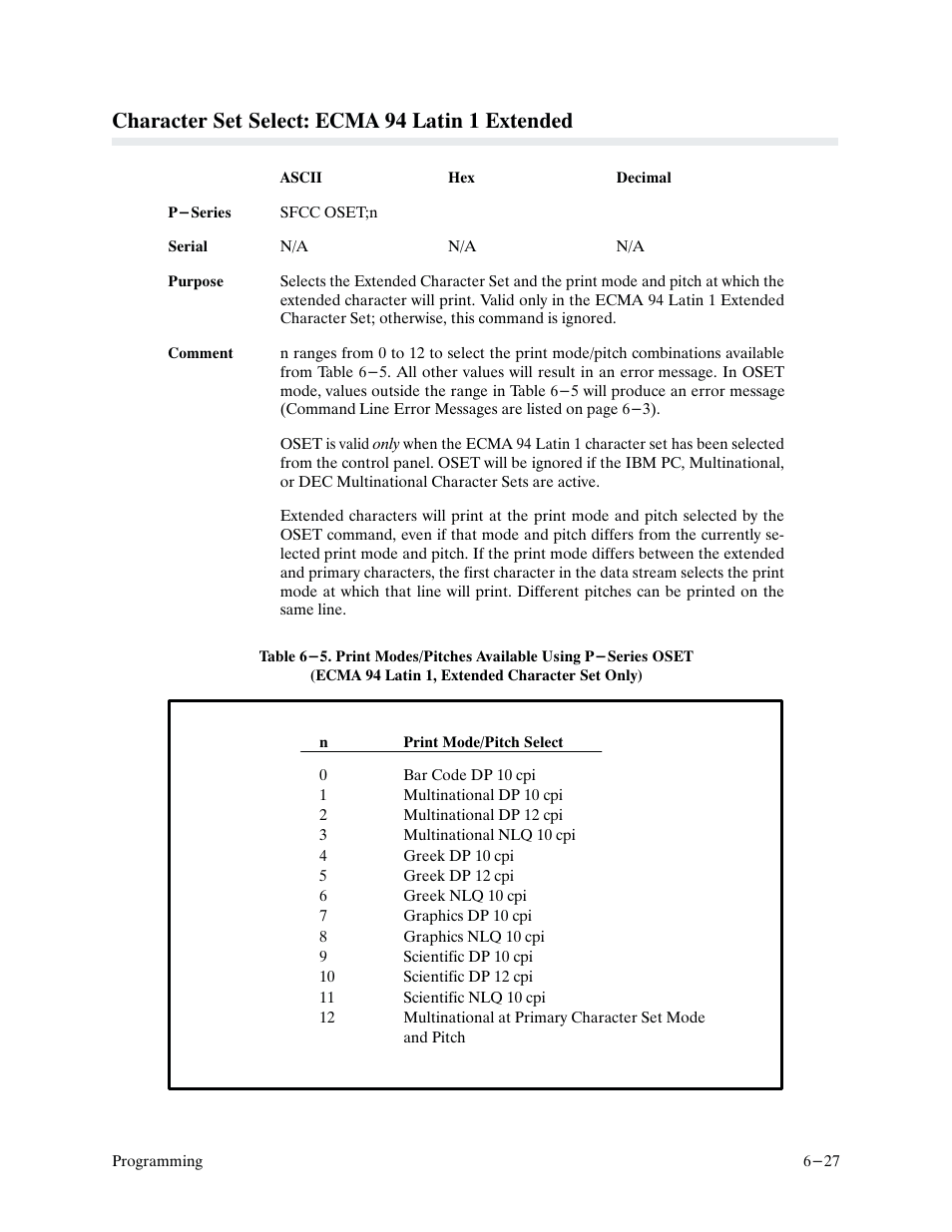 Character set select: ecma 94 latin 1 extended | Printronix P9000 Series User Manual | Page 125 / 334