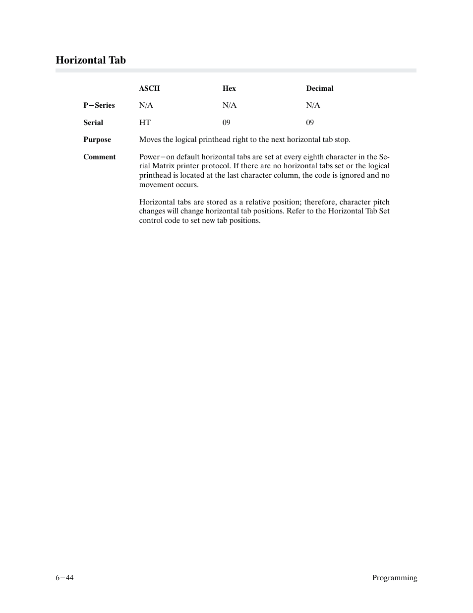 Horizontal tab | Printronix P9000 Series User Manual | Page 142 / 334