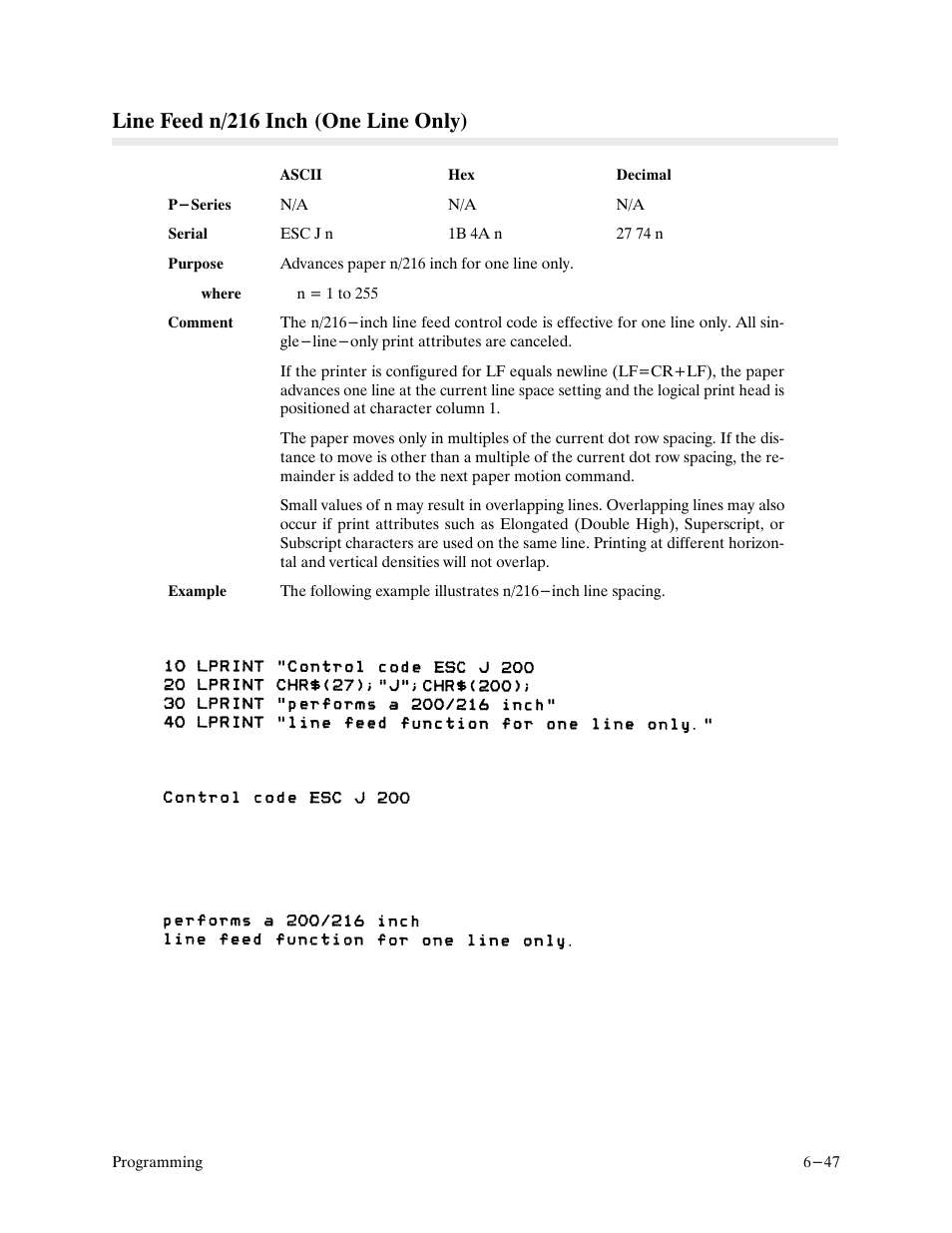 Line feed n/216 inch (one line only) | Printronix P9000 Series User Manual | Page 145 / 334