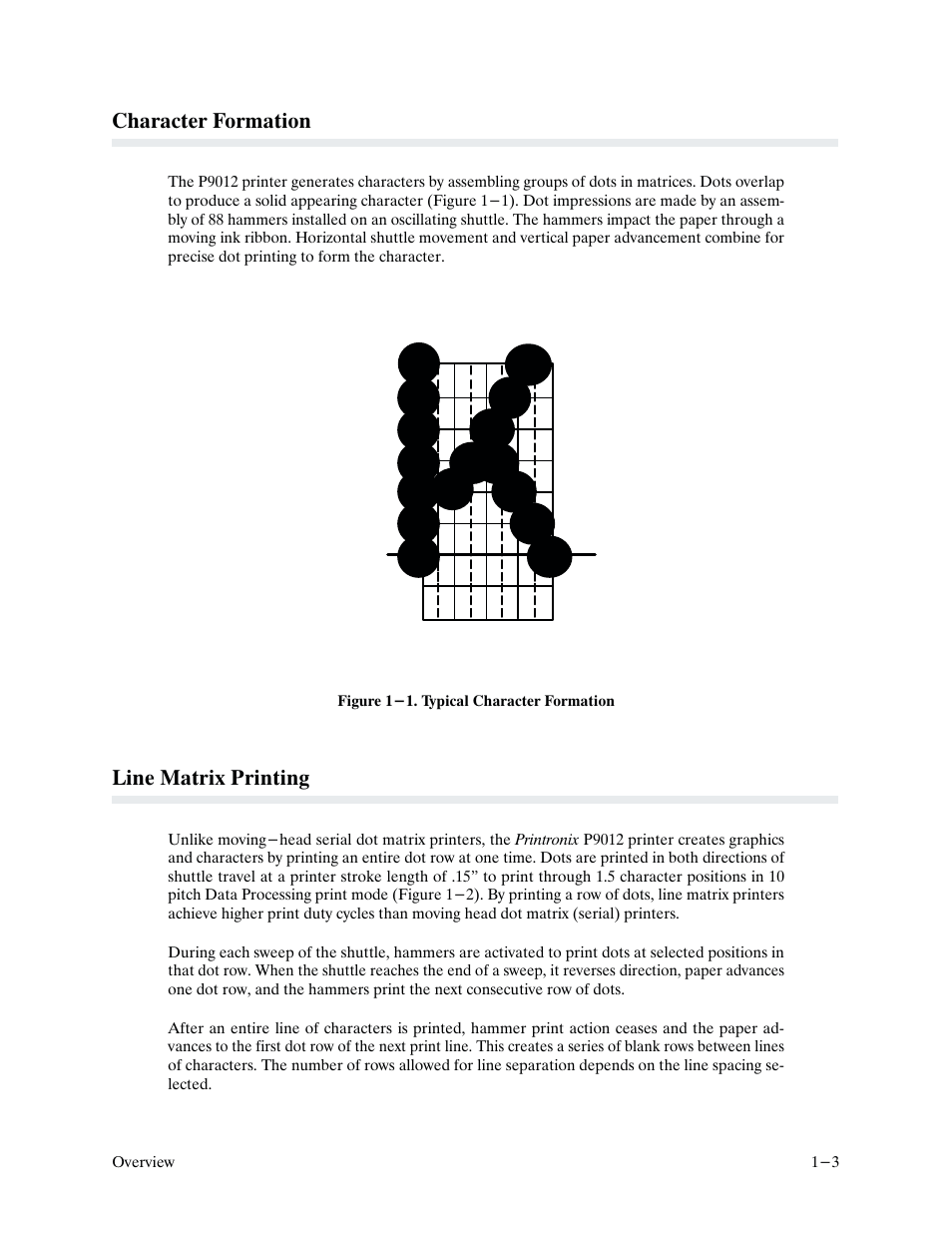 Character formation, Line matrix printing | Printronix P9000 Series User Manual | Page 15 / 334