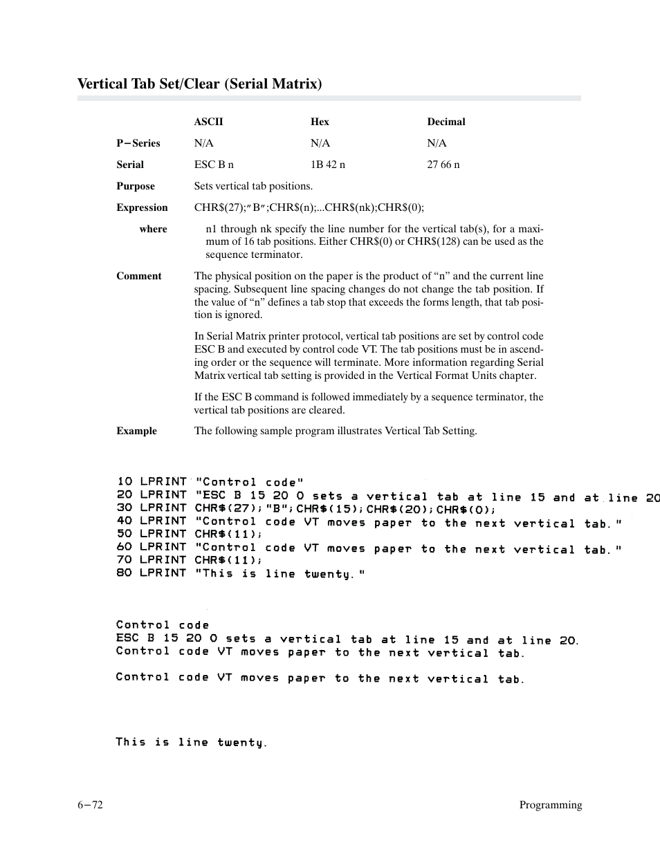 Vertical tab set/clear (serial matrix) | Printronix P9000 Series User Manual | Page 170 / 334