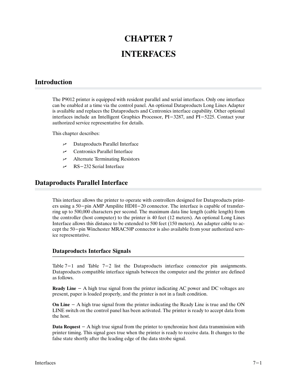 Chapter 7 interfaces, Introduction, Dataproducts parallel interface | Printronix P9000 Series User Manual | Page 171 / 334