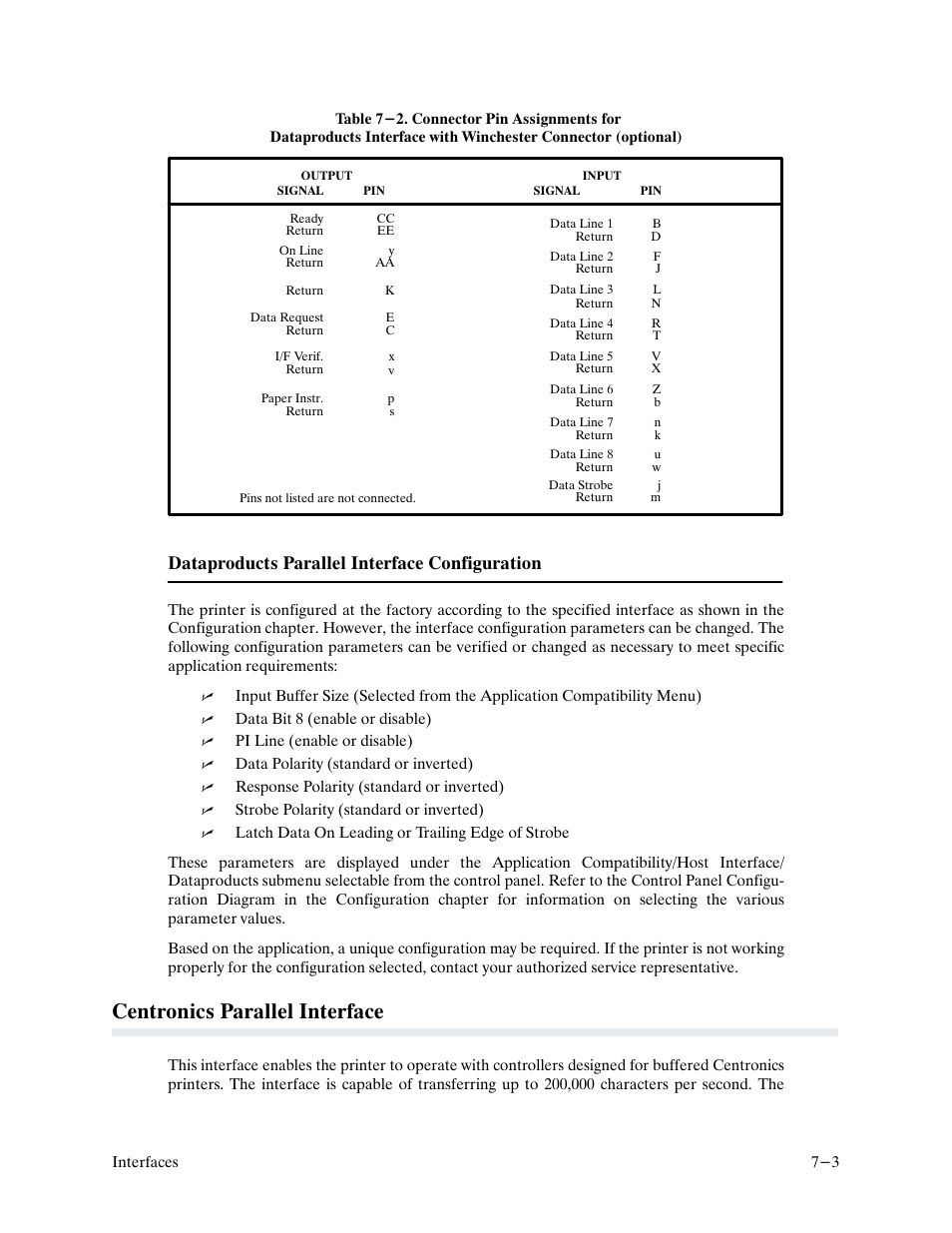 Centronics parallel interface, Dataproducts parallel interface configuration | Printronix P9000 Series User Manual | Page 173 / 334