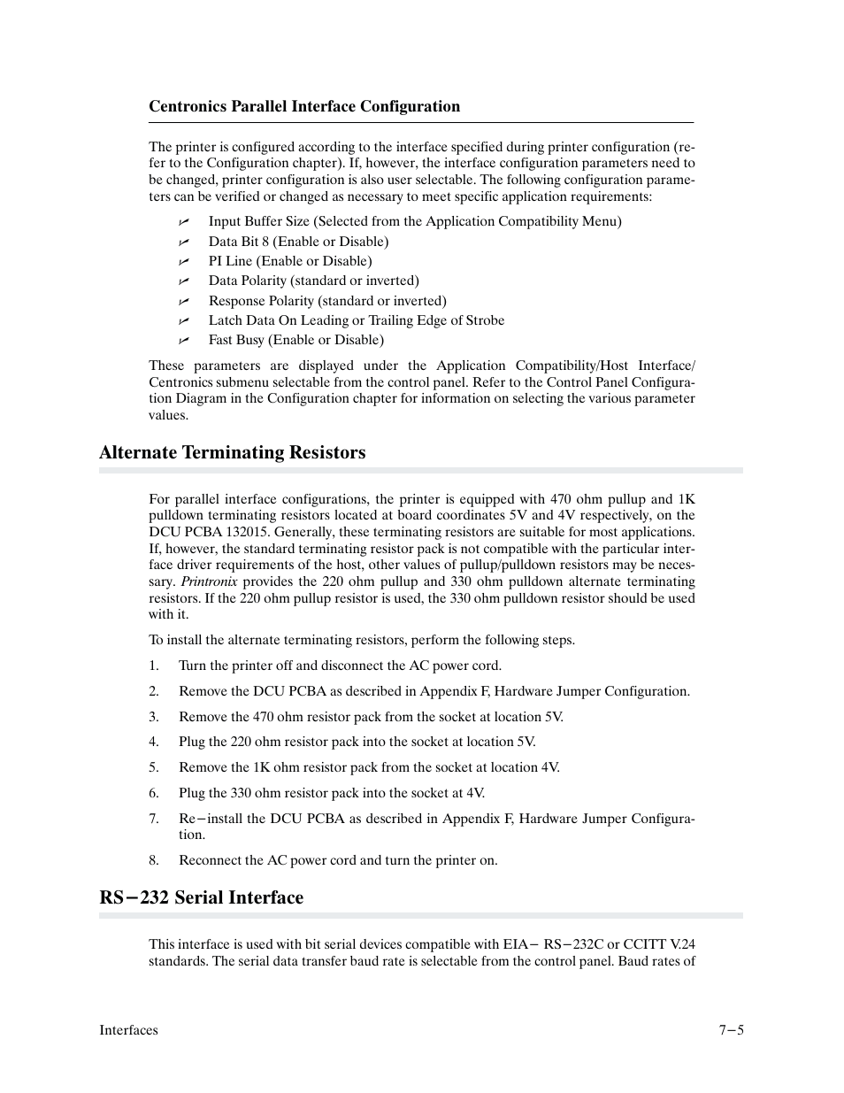 Alternate terminating resistors, Rs-232 serial interface | Printronix P9000 Series User Manual | Page 175 / 334