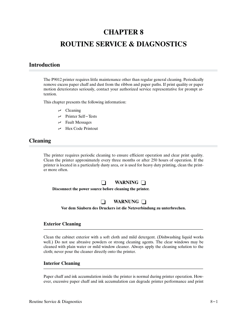 Chapter 8 routine service & diagnostics, Introduction, Cleaning | Printronix P9000 Series User Manual | Page 179 / 334