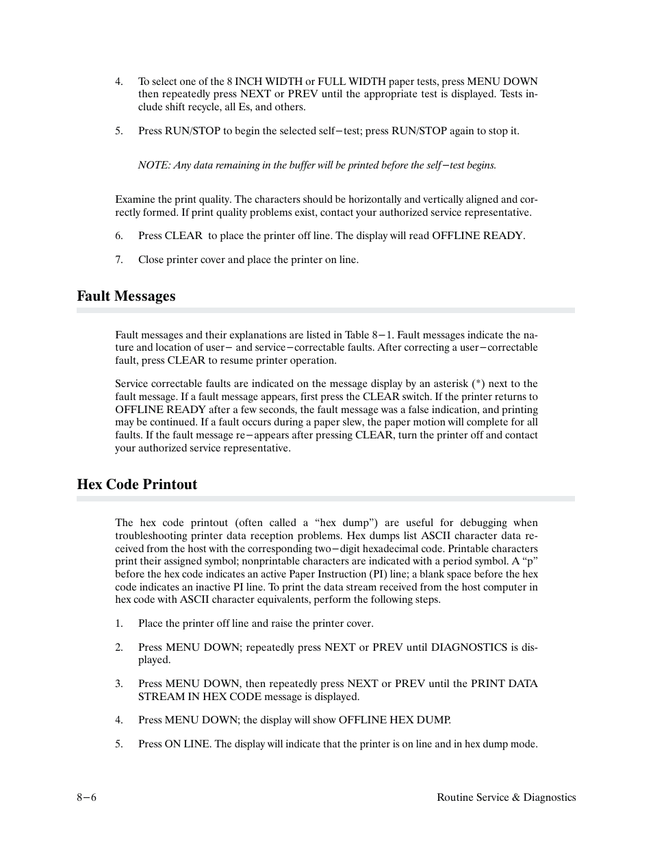 Fault messages, Hex code printout | Printronix P9000 Series User Manual | Page 184 / 334