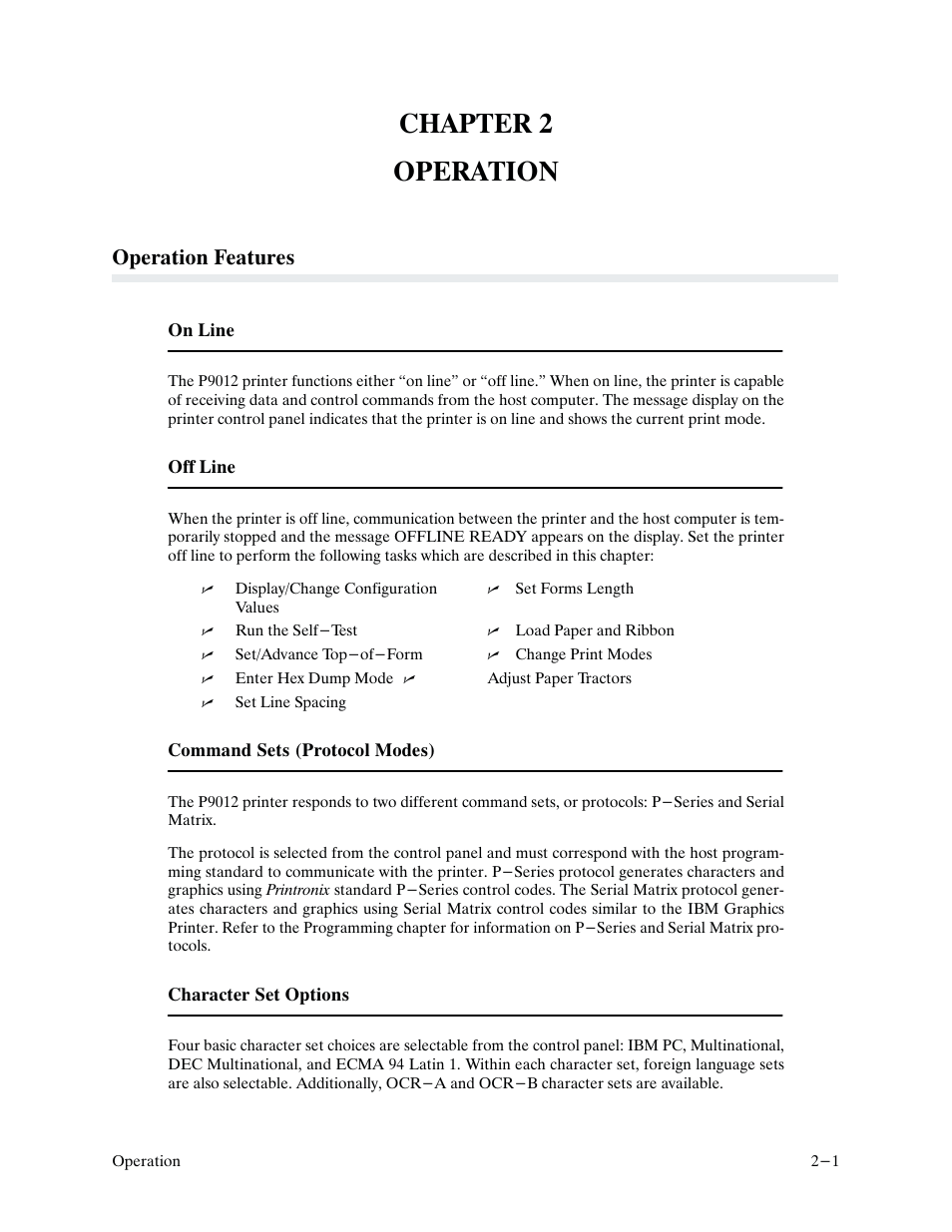 Chapter 2 operation, Operation features | Printronix P9000 Series User Manual | Page 19 / 334