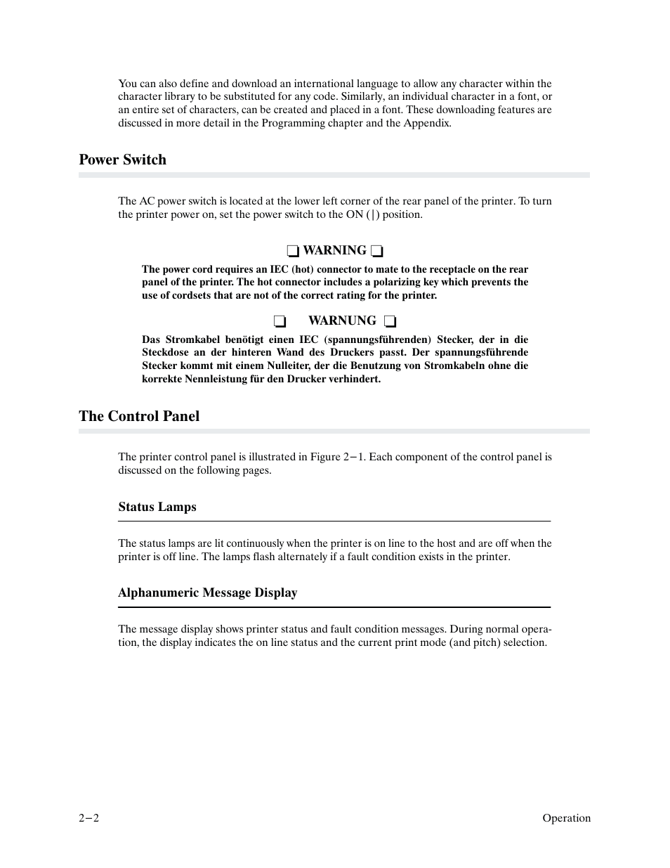 Power switch, The control panel | Printronix P9000 Series User Manual | Page 20 / 334
