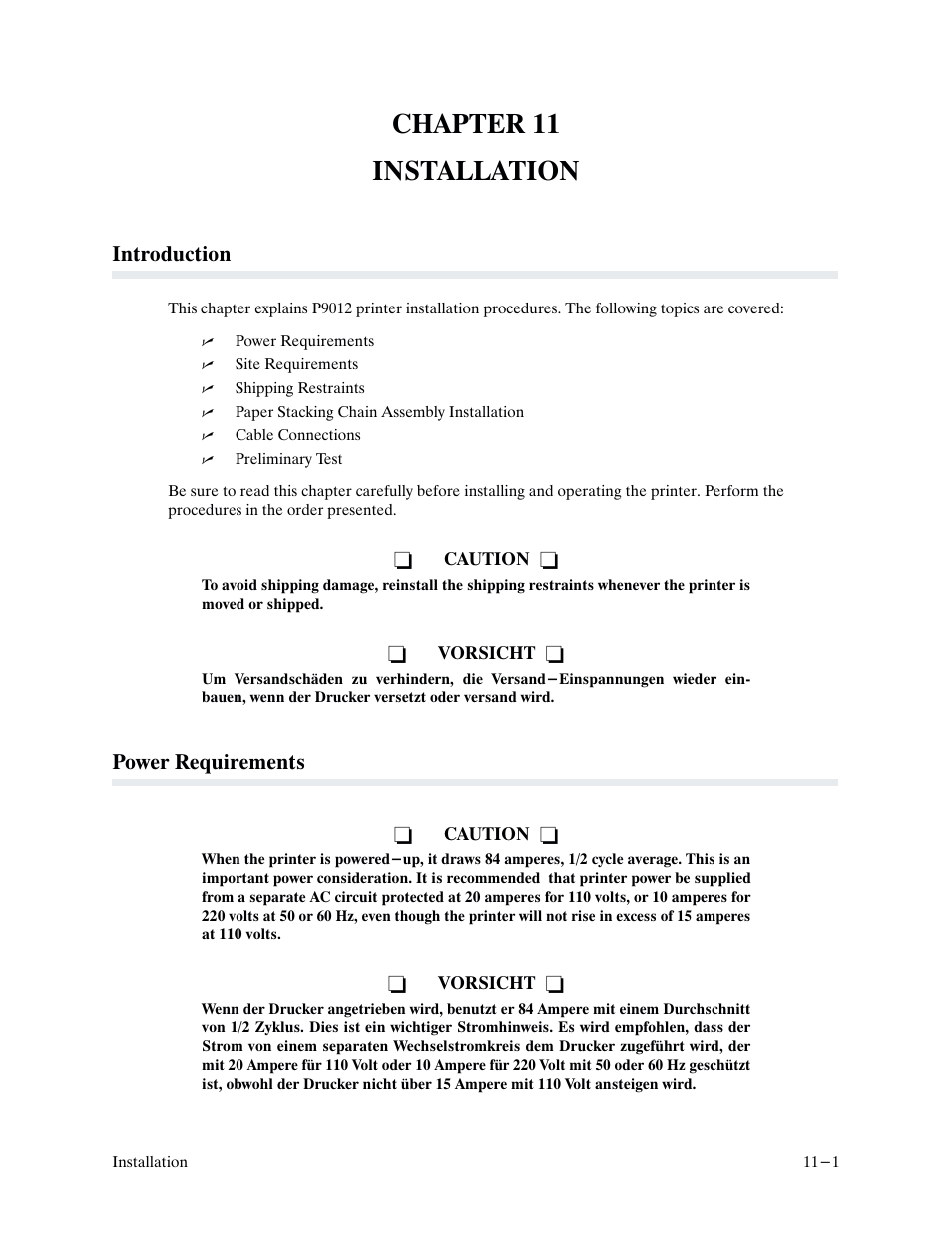 Chapter 11 installation, Introduction, Power requirements | Printronix P9000 Series User Manual | Page 231 / 334