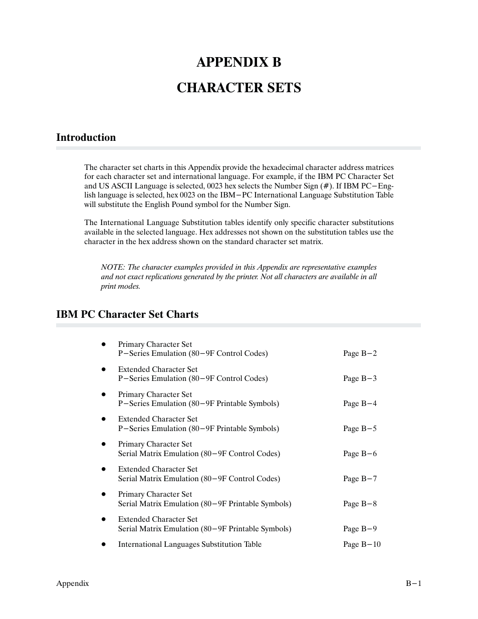 Appendix b character sets, Introduction, Ibm pc character set charts | Printronix P9000 Series User Manual | Page 241 / 334