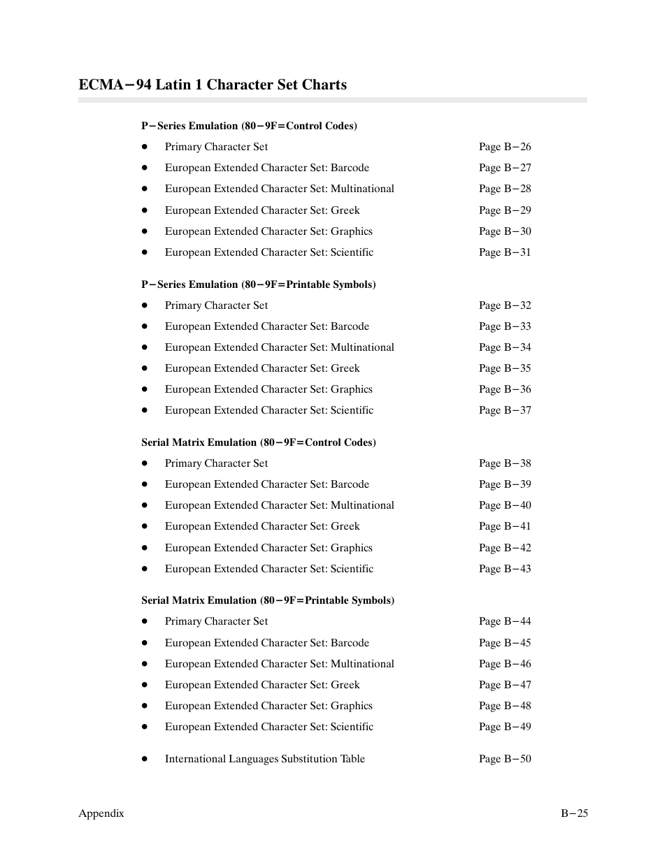 Ecma-94 latin 1 character set charts | Printronix P9000 Series User Manual | Page 265 / 334