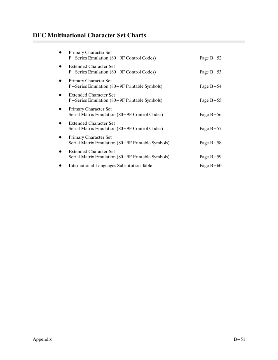 Dec multinational character set charts | Printronix P9000 Series User Manual | Page 291 / 334