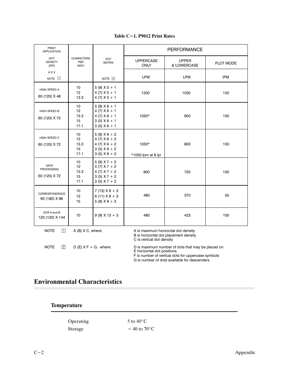 Environmental characteristics, Temperature | Printronix P9000 Series User Manual | Page 302 / 334