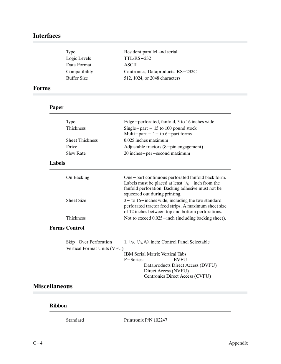 Interfaces, Forms, Miscellaneous | Printronix P9000 Series User Manual | Page 304 / 334