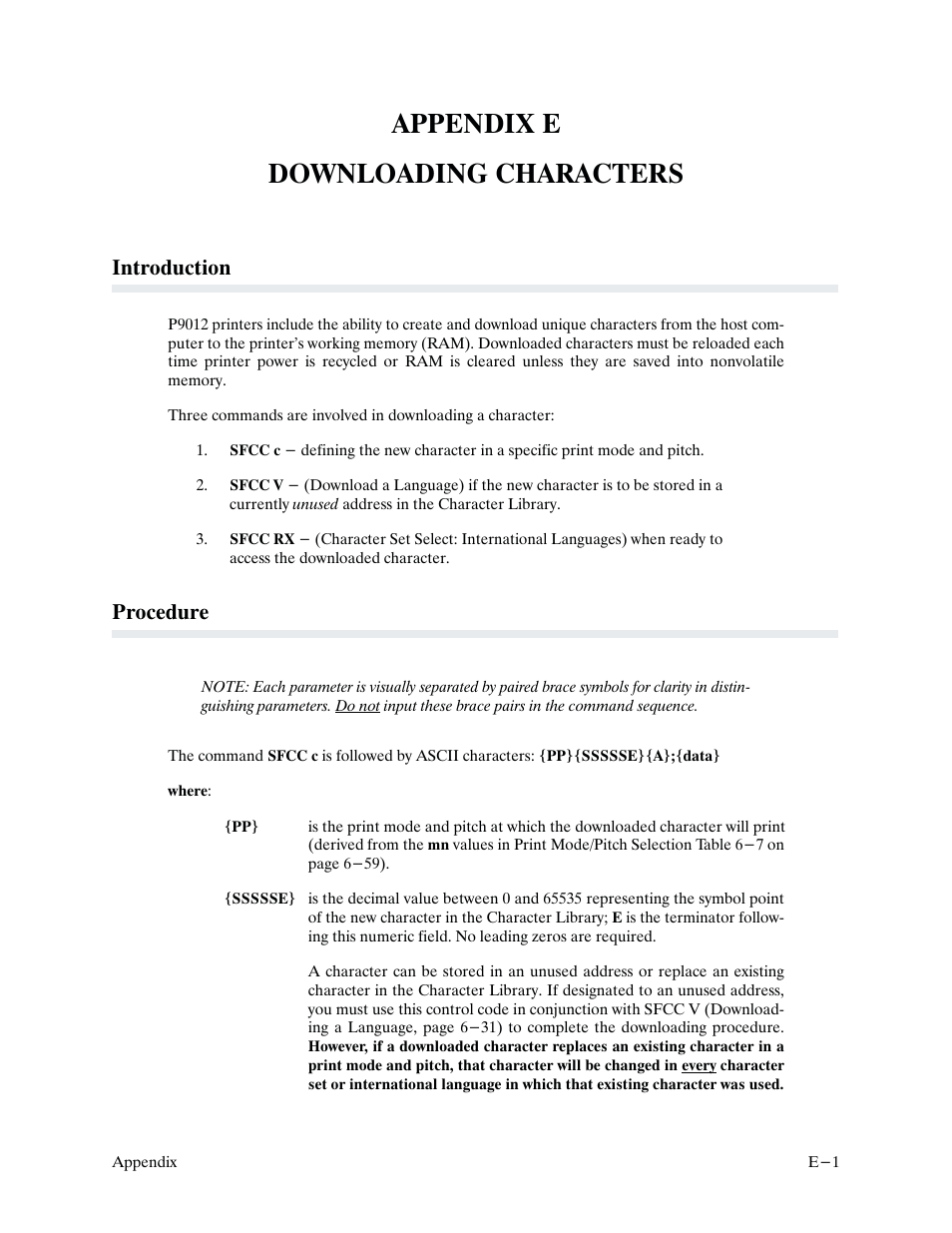 Appendix e downloading characters, Introduction, Procedure | Printronix P9000 Series User Manual | Page 313 / 334
