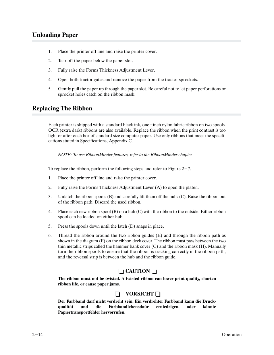 Unloading paper, Replacing the ribbon | Printronix P9000 Series User Manual | Page 32 / 334