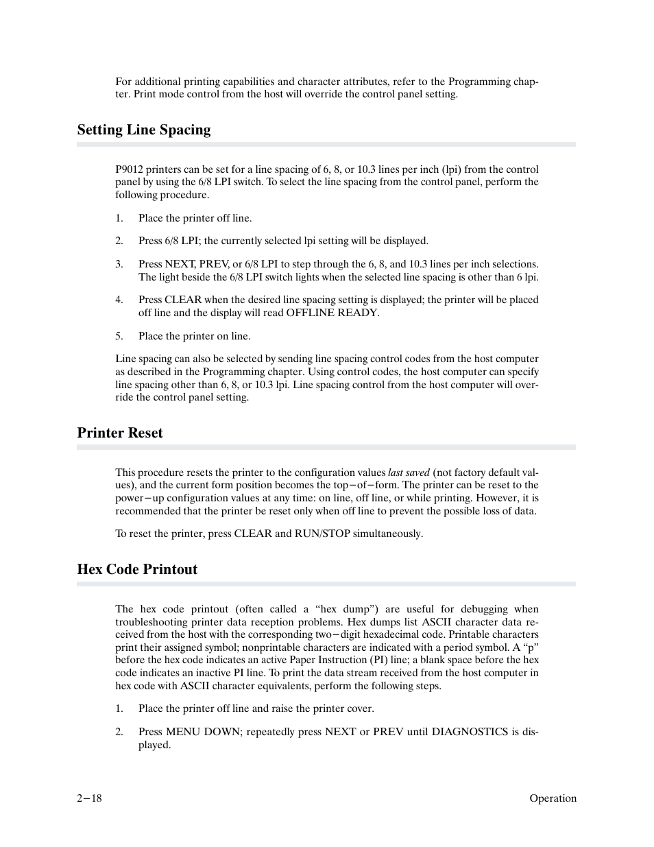 Setting line spacing, Printer reset, Hex code printout | Printronix P9000 Series User Manual | Page 36 / 334
