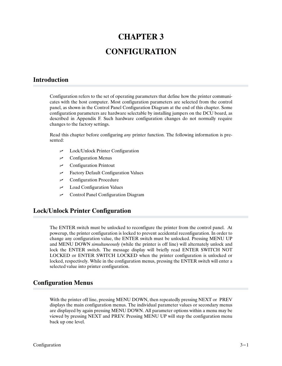 Chapter 3 configuration, Introduction, Lock/unlock printer configuration | Configuration menus | Printronix P9000 Series User Manual | Page 41 / 334