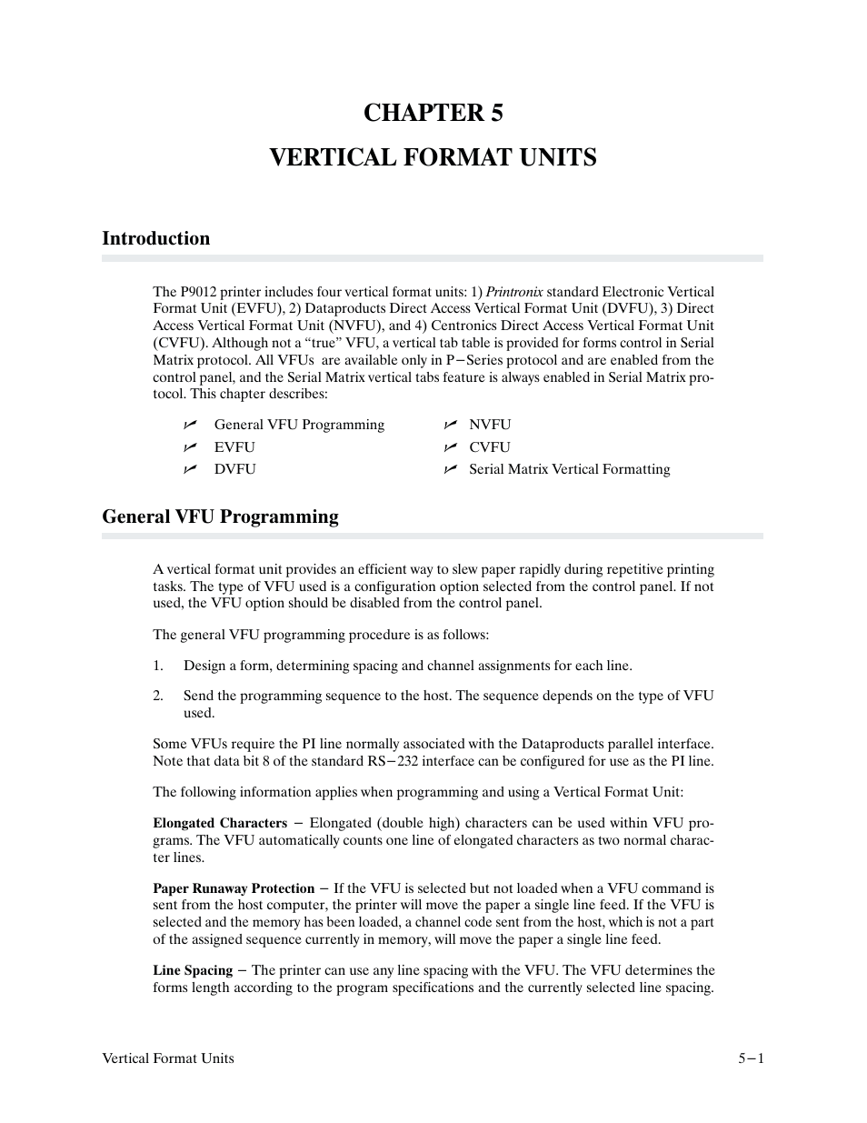 Chapter 5 vertical format units, Introduction, General vfu programming | Printronix P9000 Series User Manual | Page 81 / 334