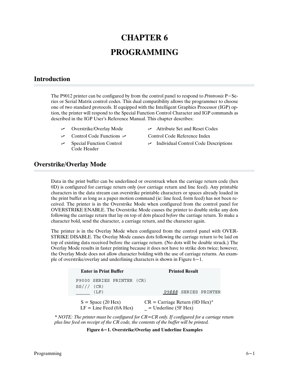 Chapter 6 programming, Introduction, Overstrike/overlay mode | Printronix P9000 Series User Manual | Page 99 / 334