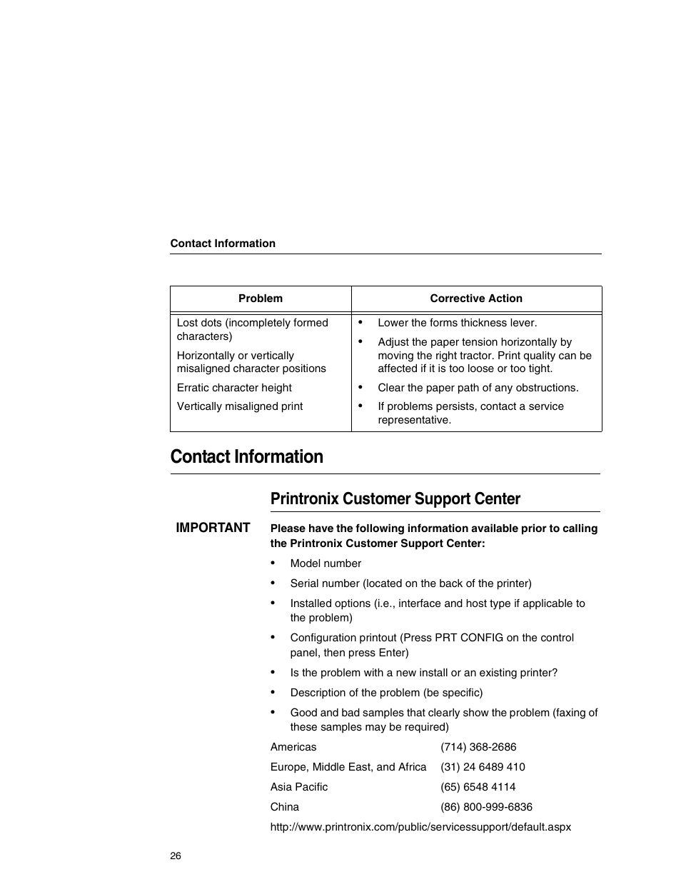 Contact information, Printronix customer support center | Printronix P7000HD User Manual | Page 26 / 44