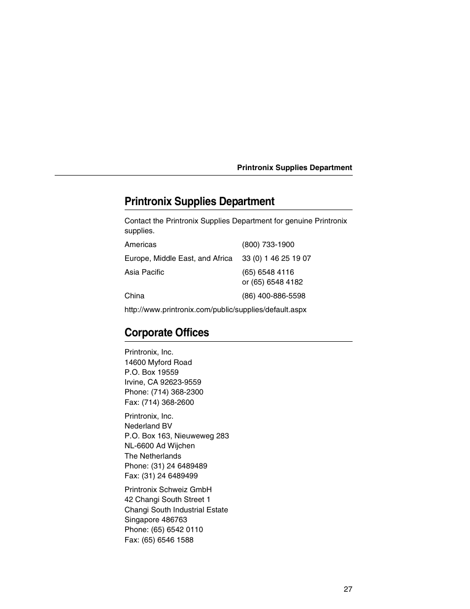 Printronix supplies department, Corporate offices | Printronix P7000HD User Manual | Page 27 / 44