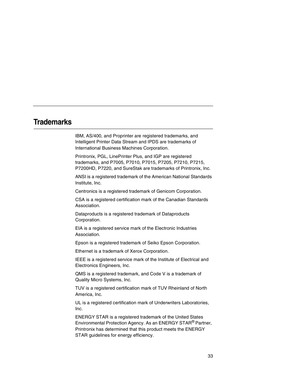 Trademarks | Printronix P7000HD User Manual | Page 33 / 44