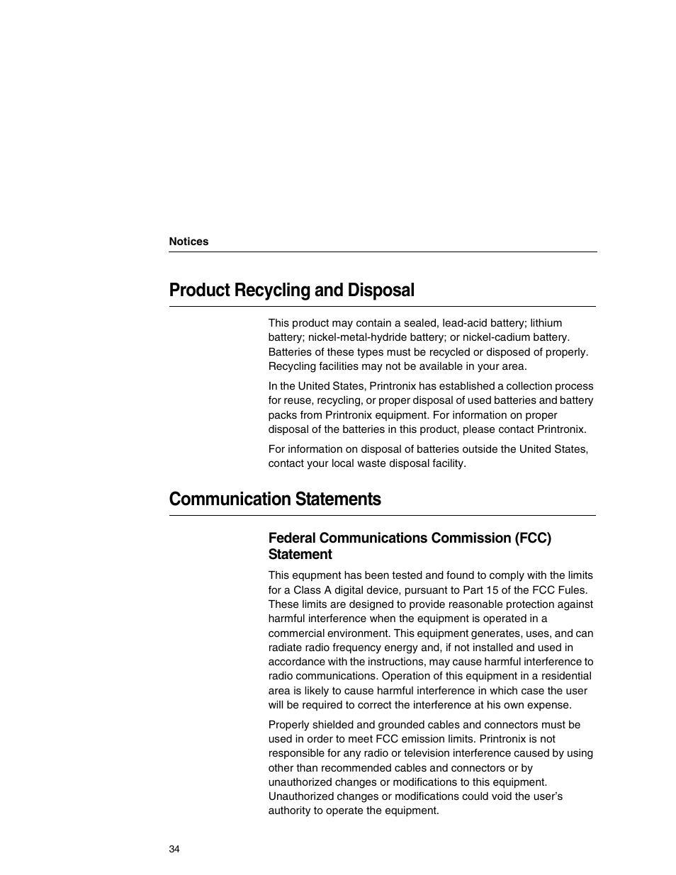 Product recycling and disposal, Communication statements | Printronix P7000HD User Manual | Page 34 / 44