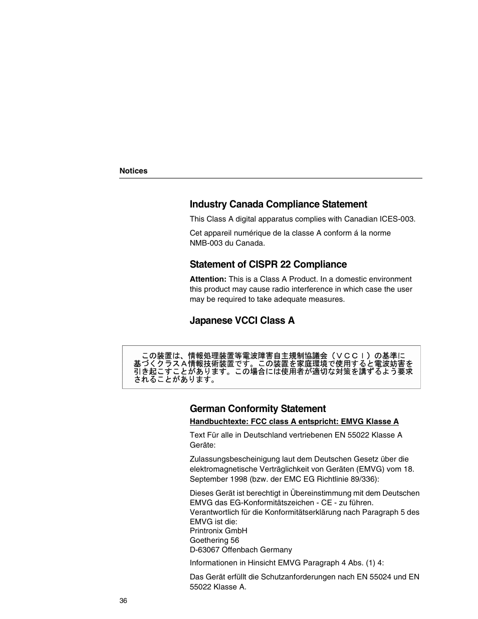 Industry canada compliance statement, Statement of cispr 22 compliance, Japanese vcci class a german conformity statement | Printronix P7000HD User Manual | Page 36 / 44