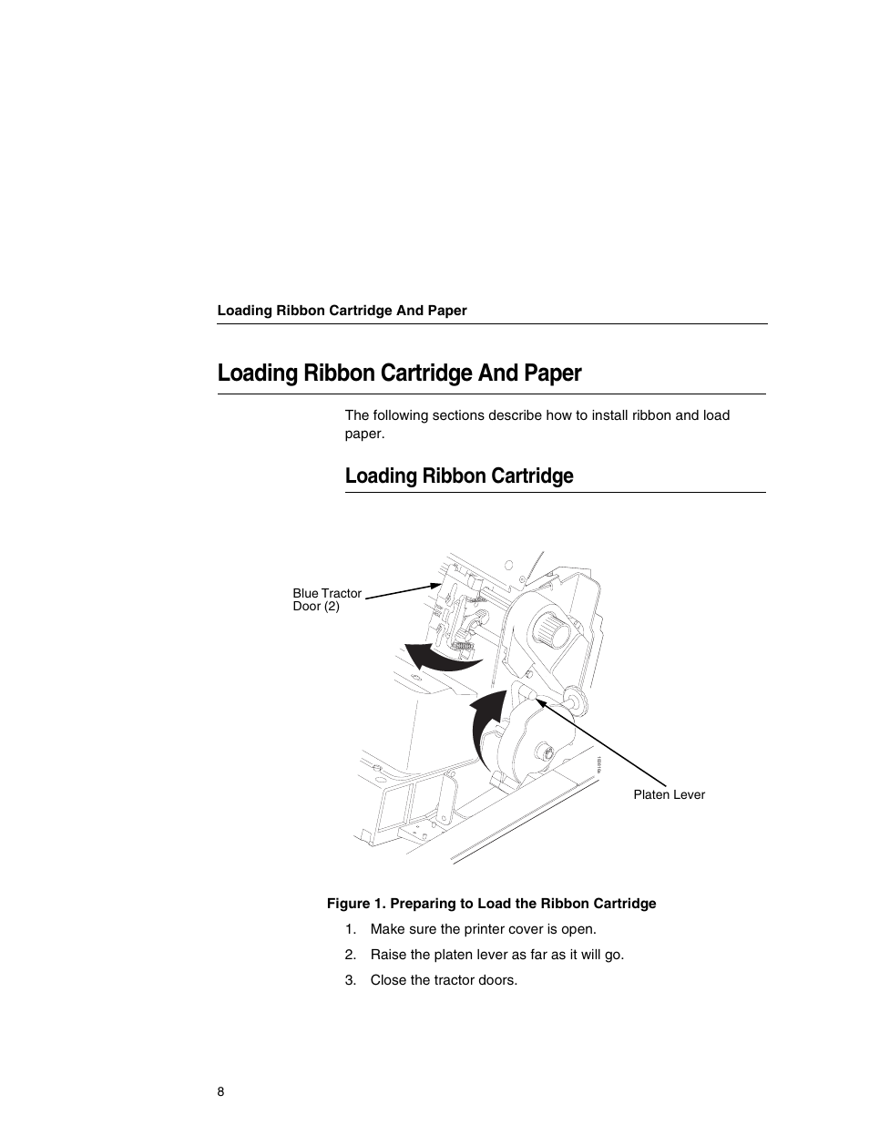 Loading ribbon cartridge and paper, Loading ribbon cartridge | Printronix P7000HD User Manual | Page 8 / 44