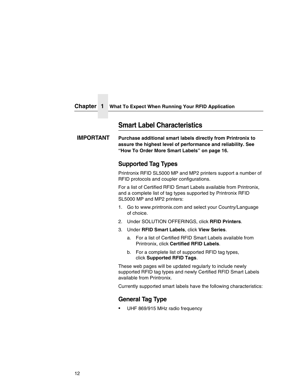 Smart label characteristics, Supported tag types, General tag type | Printronix SL5000r MP User Manual | Page 12 / 84