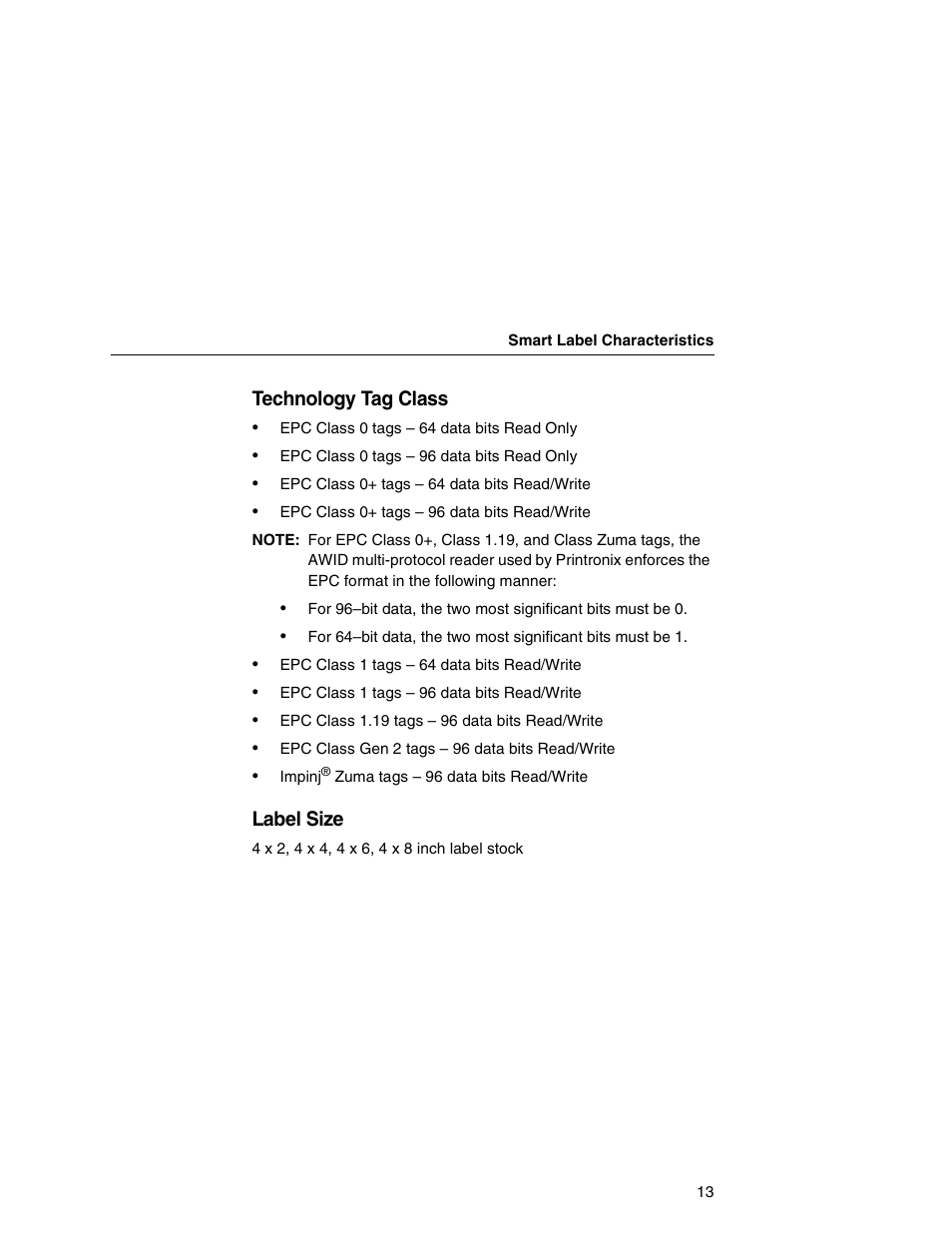 Technology tag class, Label size | Printronix SL5000r MP User Manual | Page 13 / 84