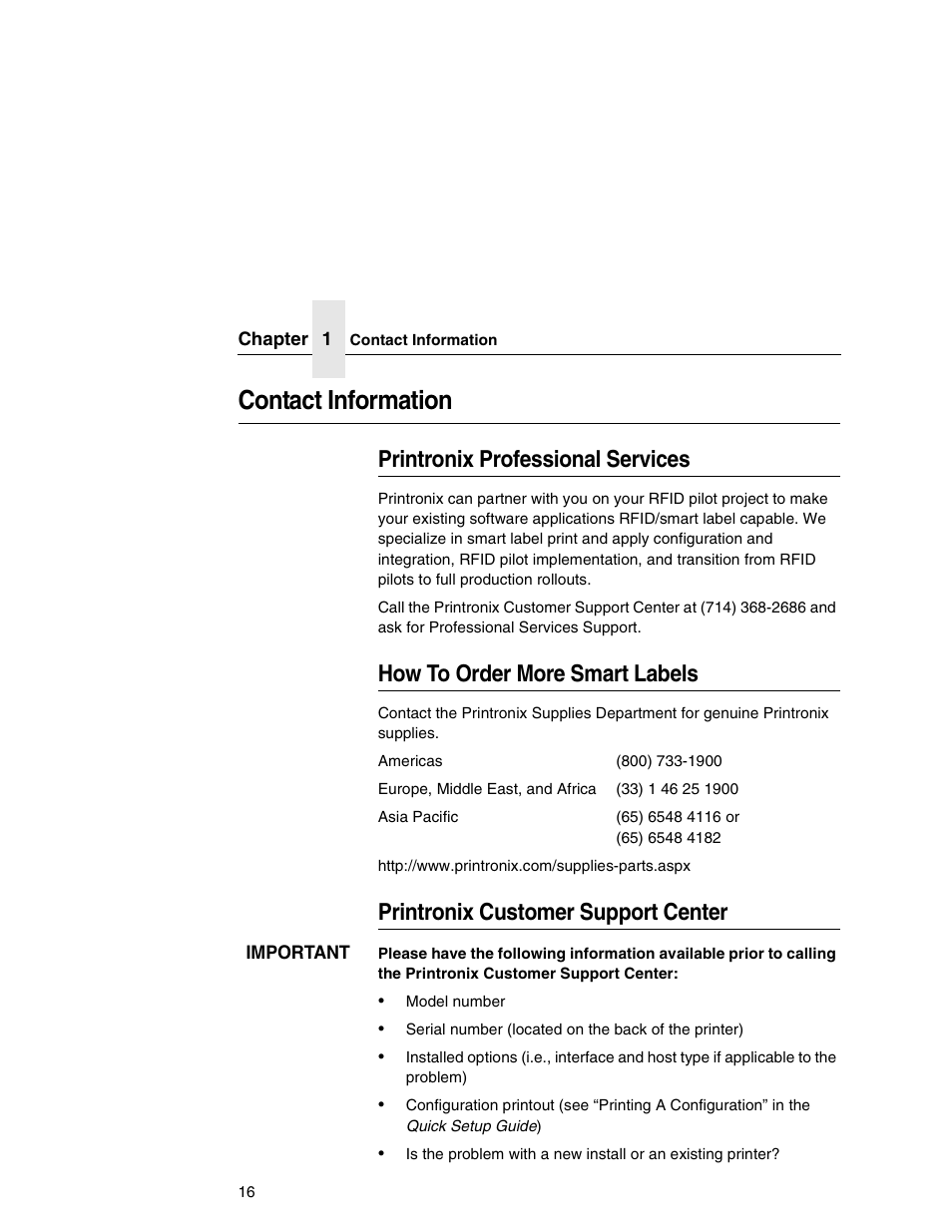 Contact information, Printronix professional services, How to order more smart labels | Printronix customer support center | Printronix SL5000r MP User Manual | Page 16 / 84