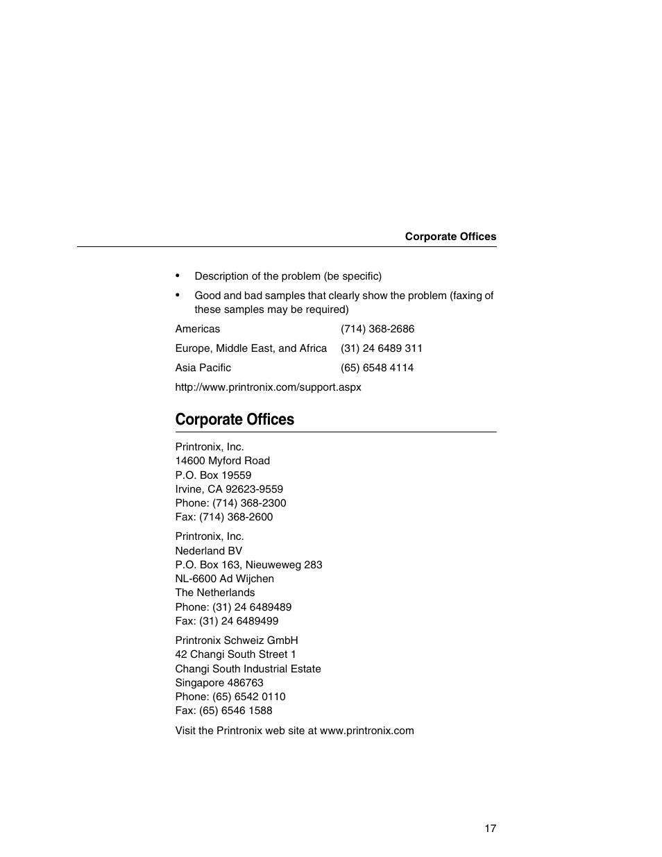 Corporate offices | Printronix SL5000r MP User Manual | Page 17 / 84