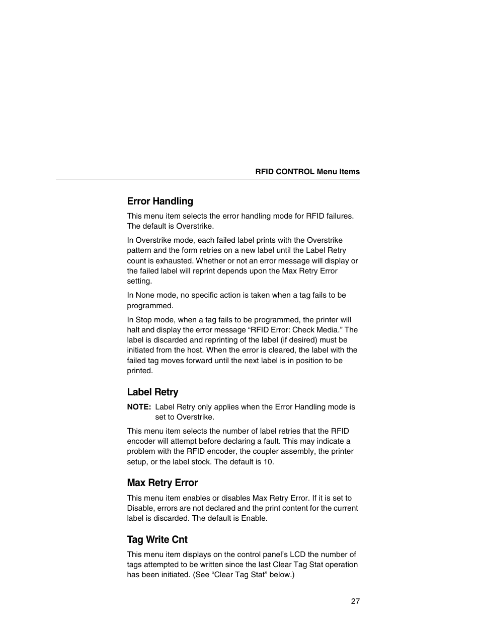 Error handling, Label retry, Max retry error | Tag write cnt | Printronix SL5000r MP User Manual | Page 27 / 84