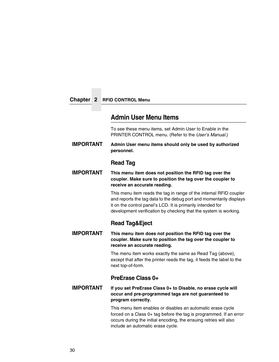 Admin user menu items | Printronix SL5000r MP User Manual | Page 30 / 84