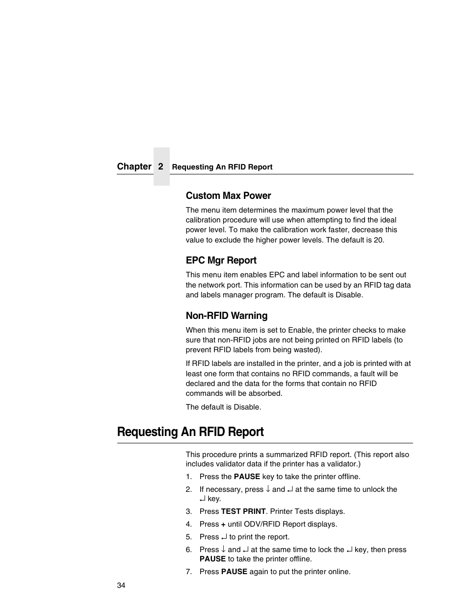 Requesting an rfid report, Custom max power, Epc mgr report | Non-rfid warning | Printronix SL5000r MP User Manual | Page 34 / 84